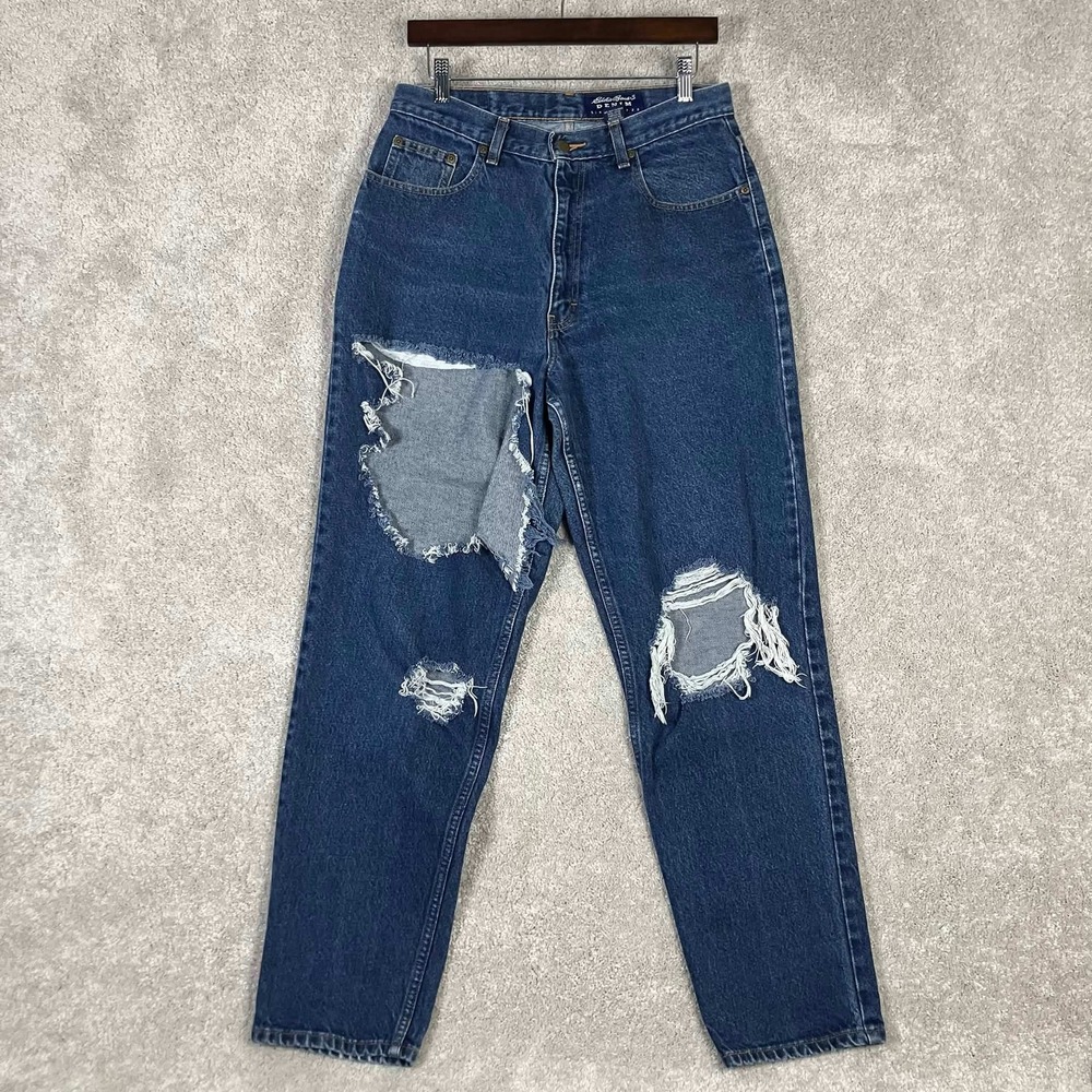 Vintage 90s Eddie Bauer Distressed High Rise Mom Jeans Blue Denim Size 12 Womens